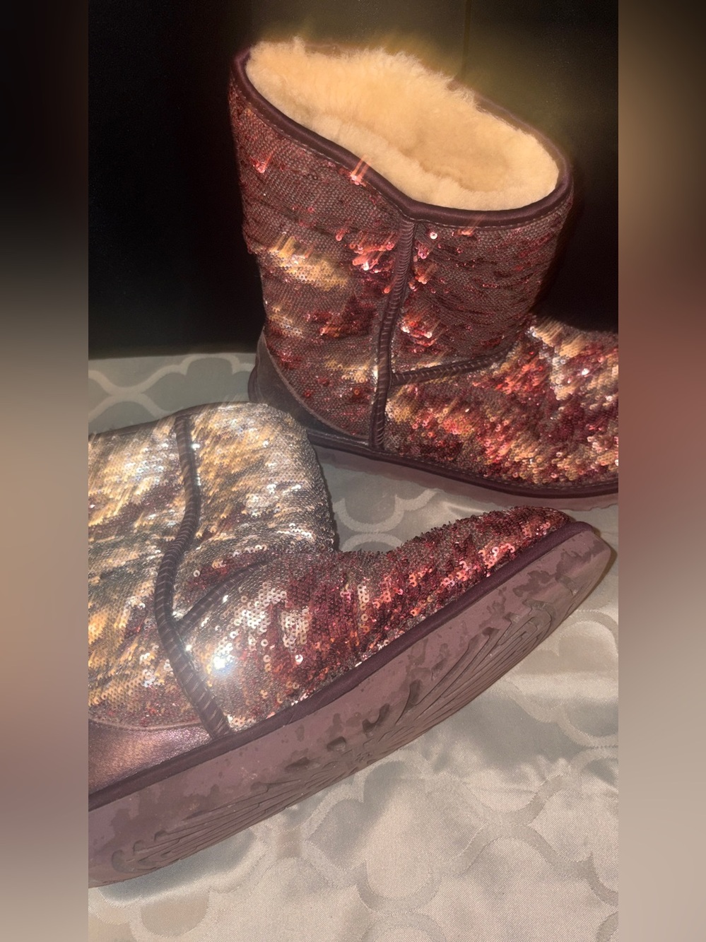 Ugg short sequin boots purple  pink size 11 women gently used